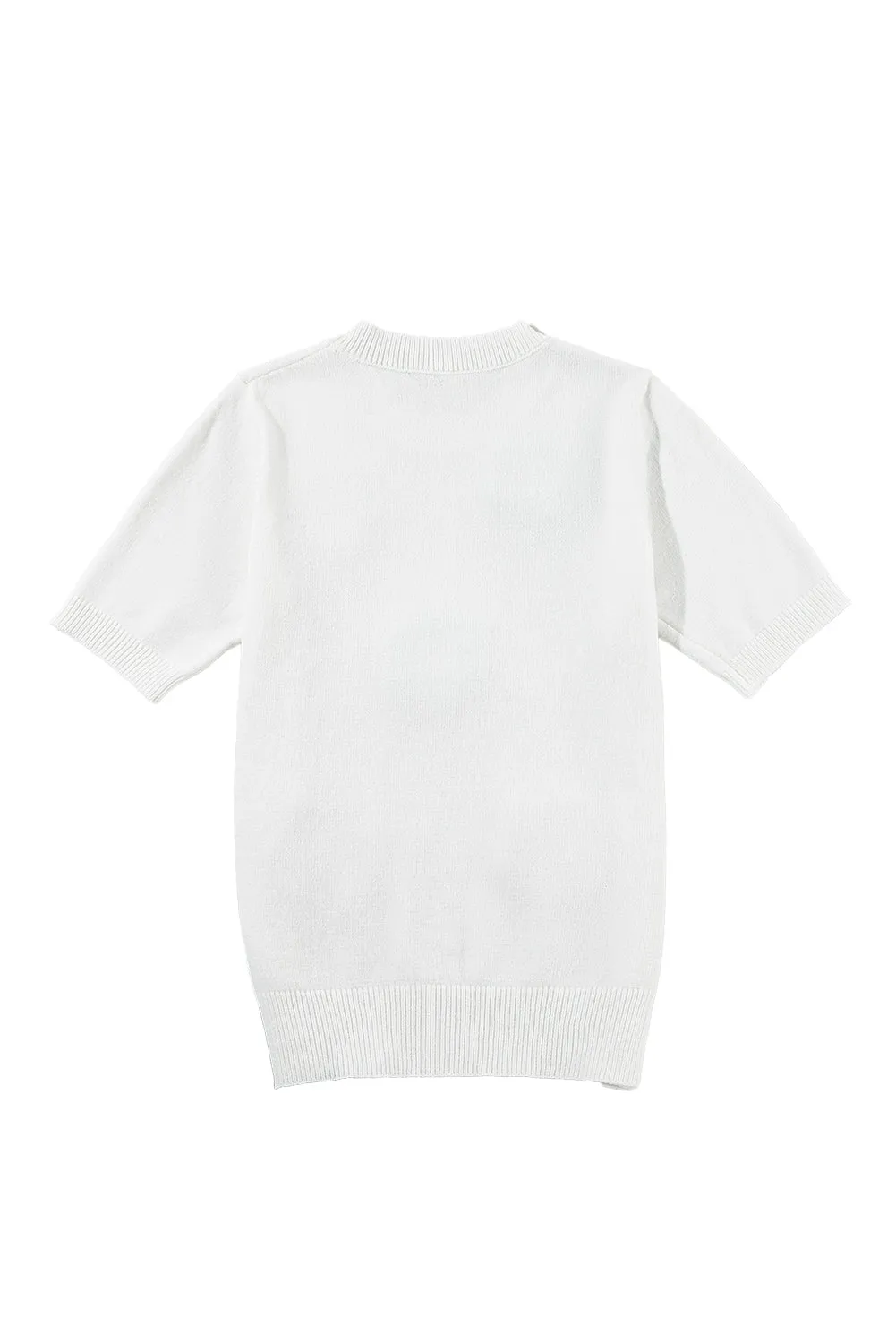 Cream Cute Flower Applique Short Sleeve Sweater