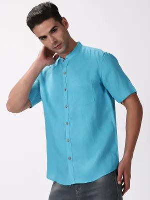 Enzo - Pure Linen Mandarin Collar Half Sleeve Shirt - Aqua Blue (Factory Rescue)