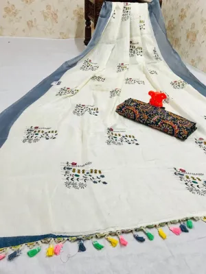 Innovative Pure Linen White Colored Casual Printed Saree